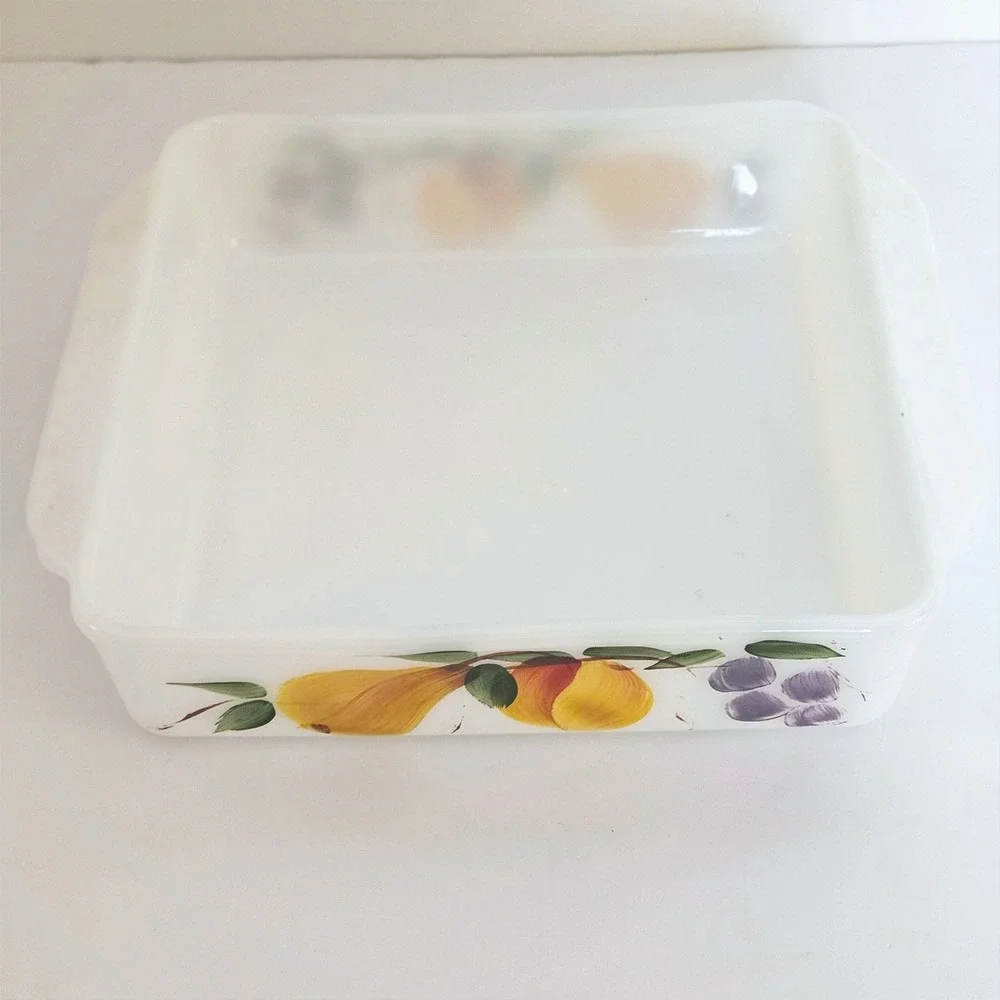 VTG Fire King Gay Fad Fruit Milk Glass Bakeware Set 3pc Square Pan Round Bowl